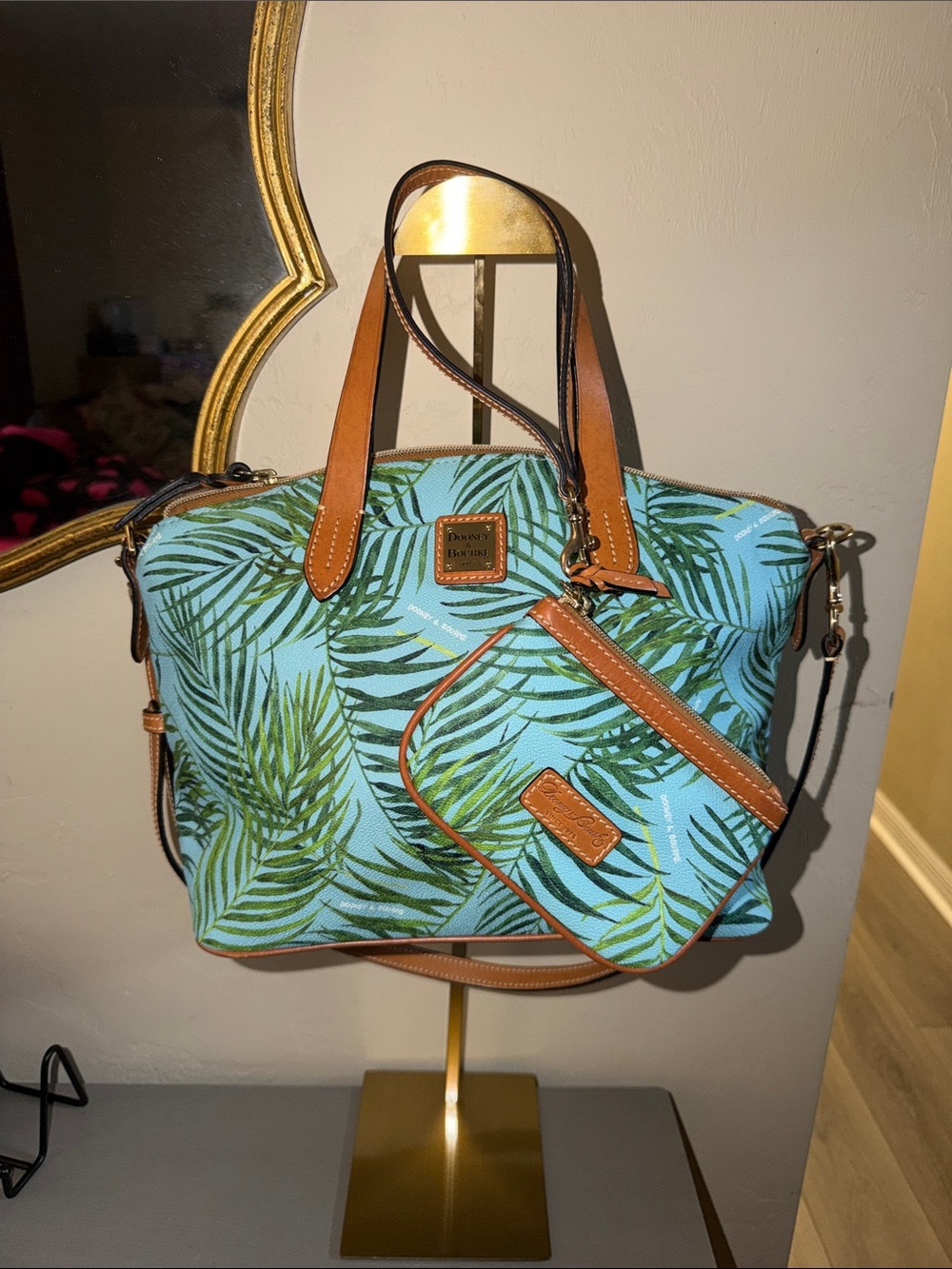Dooney & Bourke Turquoise Palm-Print Tote with Tan Trim